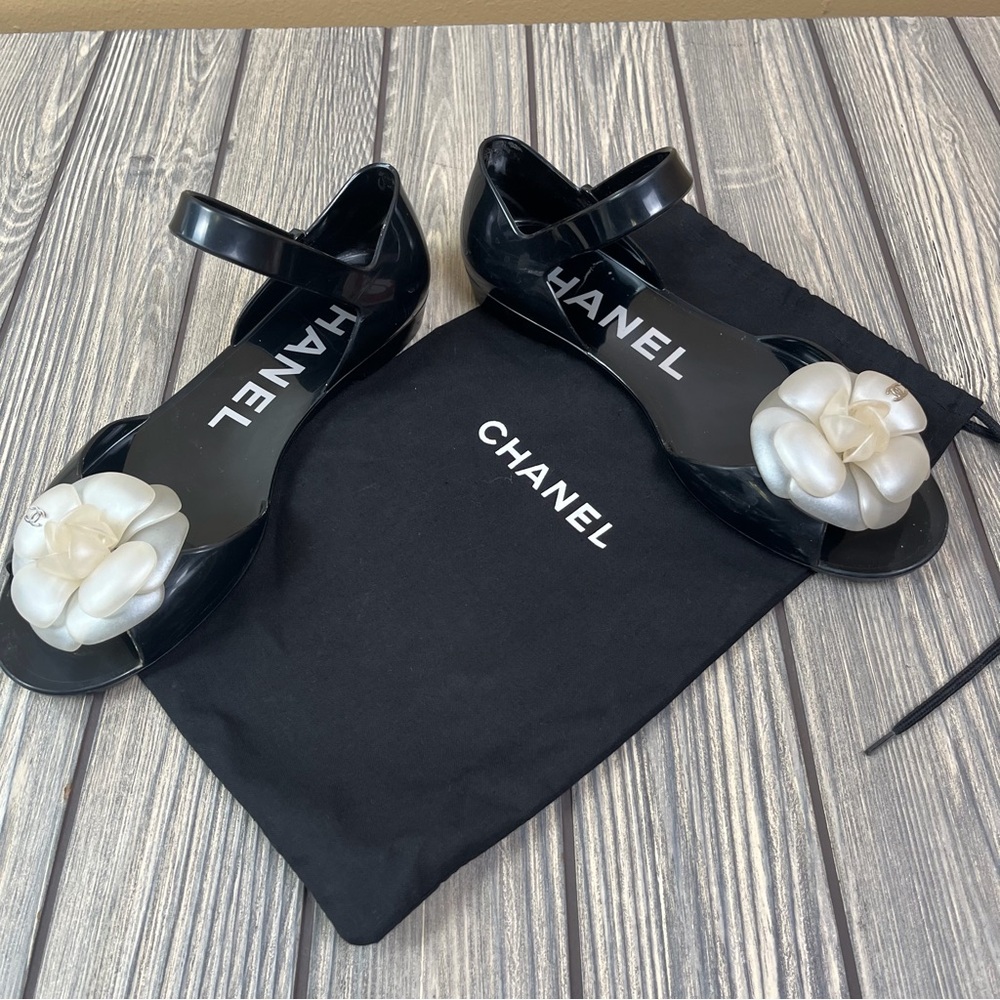 CHANEL Jelly Sandals Camellia Ballet Flats with Strap Size 37 / US 6.5 - Picture 2 of 16